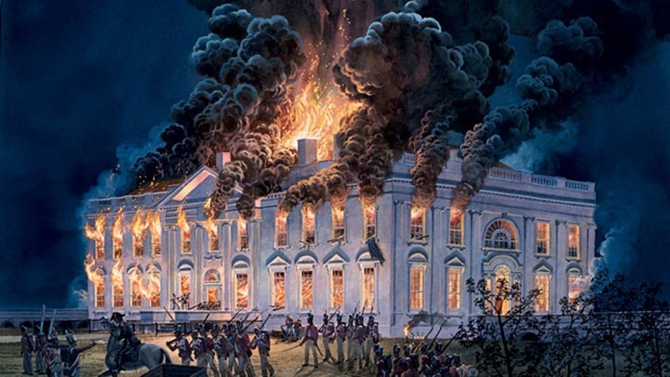 The white house burning in the war of 1812.