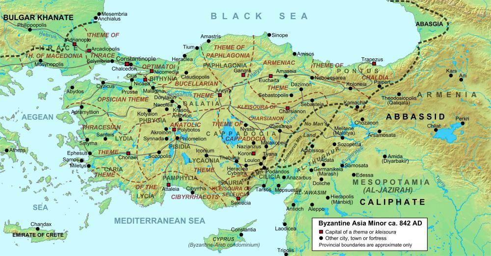A map of Anatolia, now Turkey, during the Byzantine Empire.