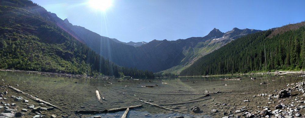 Avalanche Lake is southwest of Bearhat Mountain and receives meltwater from Sperry Glacier