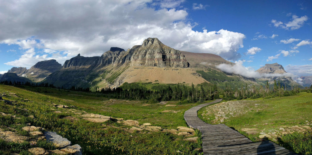 Looking back at Piegan, Pollock, & Bishops Cap on the Hidden Lake Trail Boardwalk