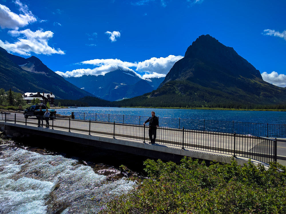 On the bridge to Many Glacier Hotel