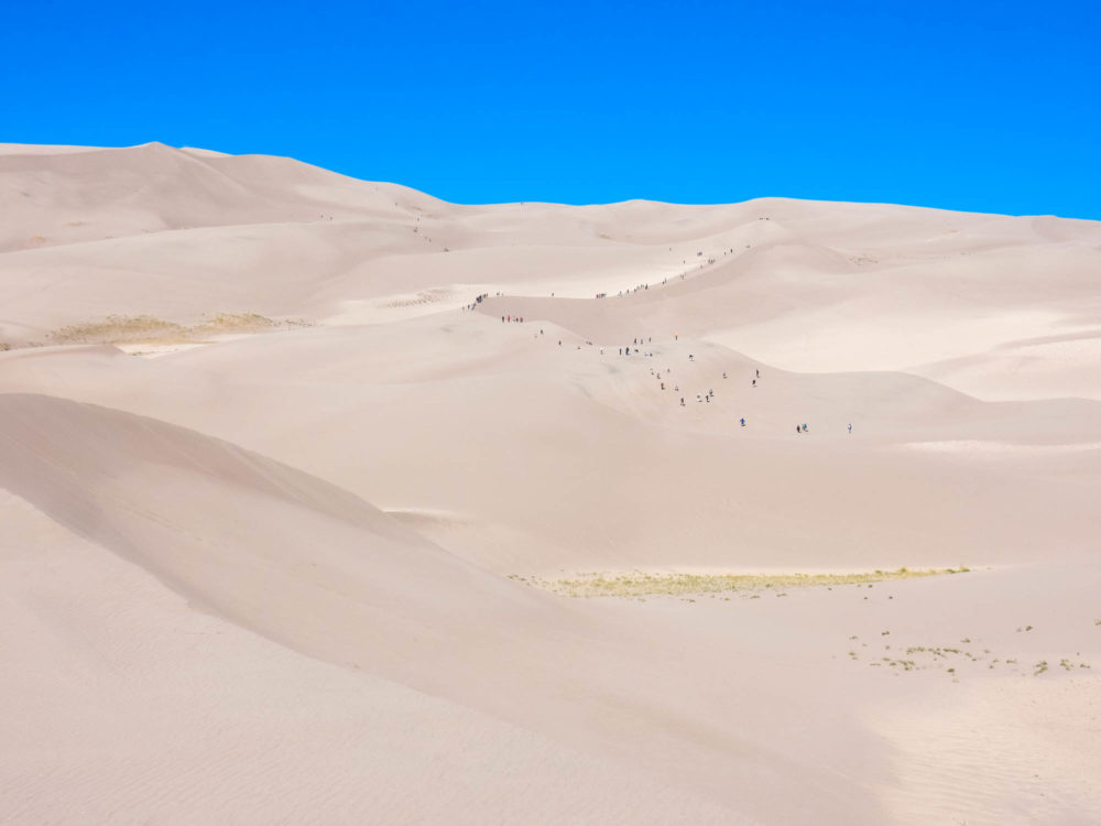 Hikers look very tiny against the mega sand dunes